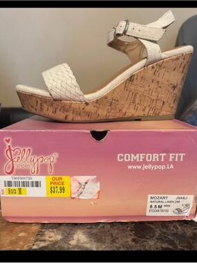Jellypop Cream Braided Ankle-Strap Cork Wedge Sandals Size 8.5